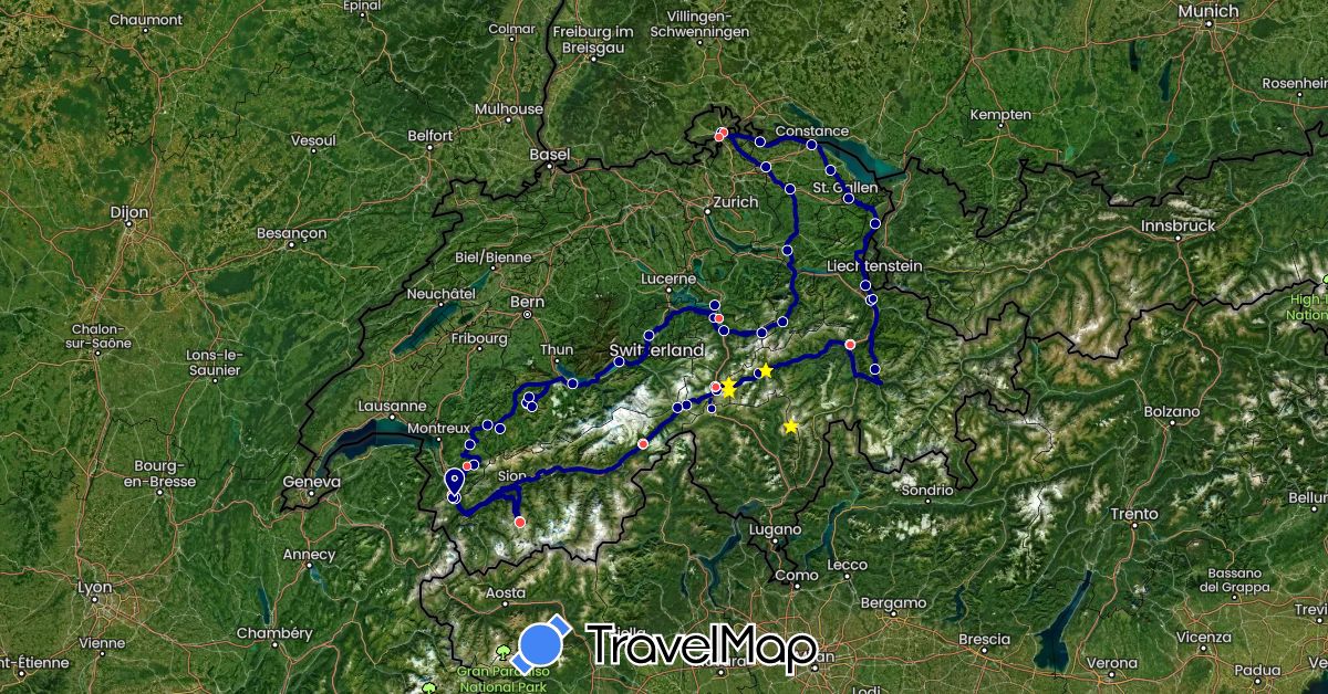 TravelMap itinerary: driving, hiking in Switzerland, Liechtenstein (Europe)