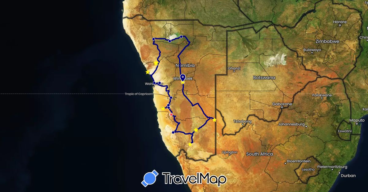 TravelMap itinerary: driving, hiking in Namibia (Africa)