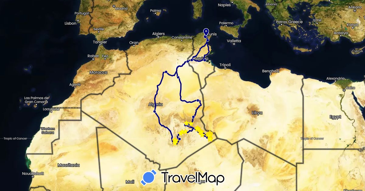 TravelMap itinerary: driving, hiking, boat in Algeria, Tunisia (Africa)