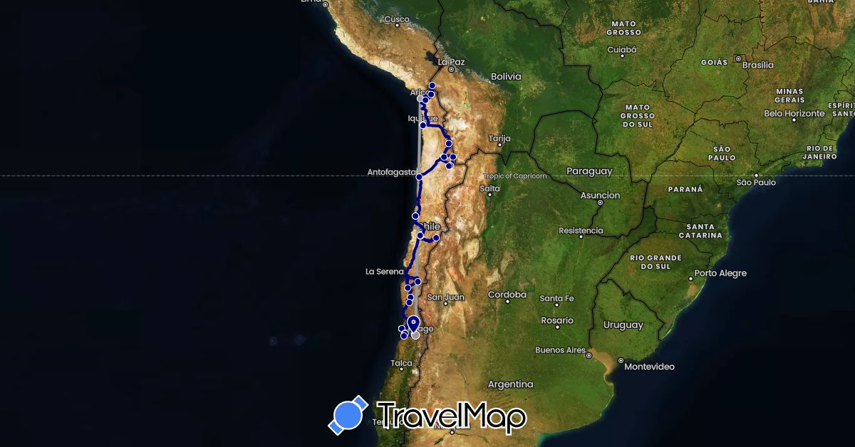 TravelMap itinerary: driving, plane in Switzerland, Chile, Spain (Europe, South America)